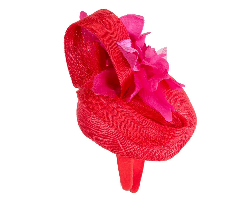 Bespoke red pillbox racing fascinator with fuchsia flower by Fillies Collection - Image 4
