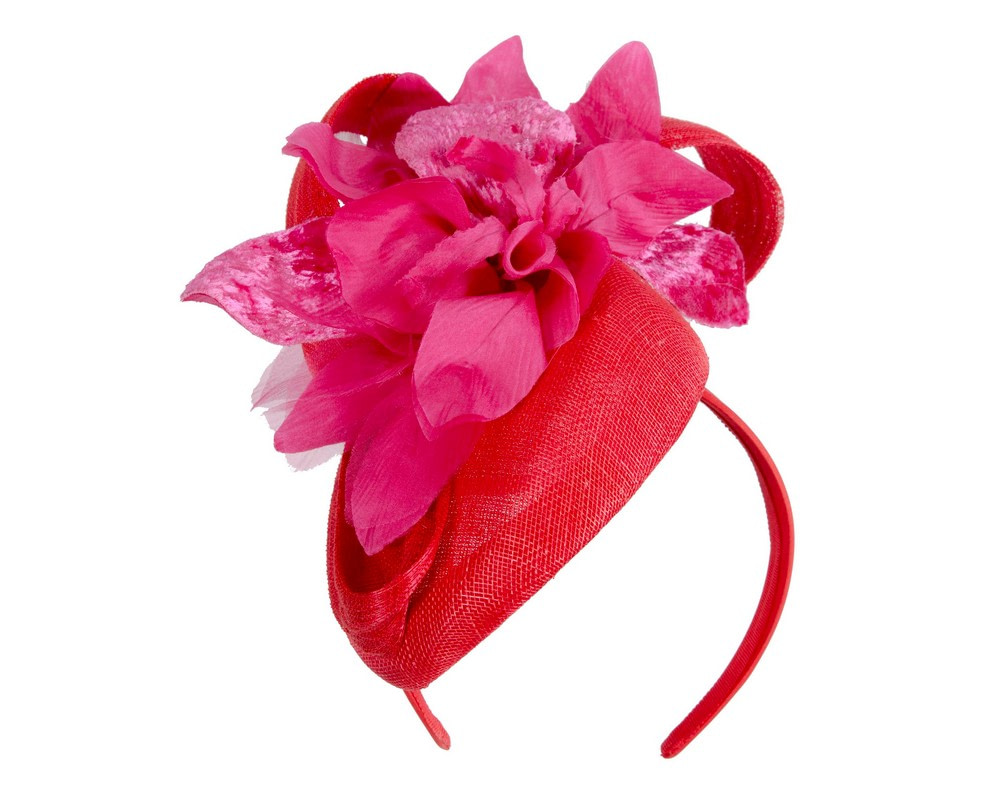 Bespoke red pillbox racing fascinator with fuchsia flower by Fillies Collection - Image 2