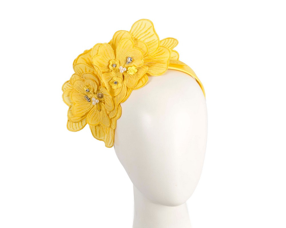 Yellow lace flower fascinator by Max Alexander