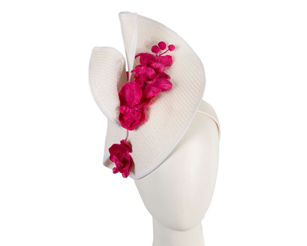 White & Fuchsia designers racing fascinator with orchids by Fillies Collection