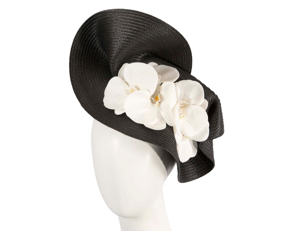 Large black fascinator with white orchid flowers by Fillies Collection