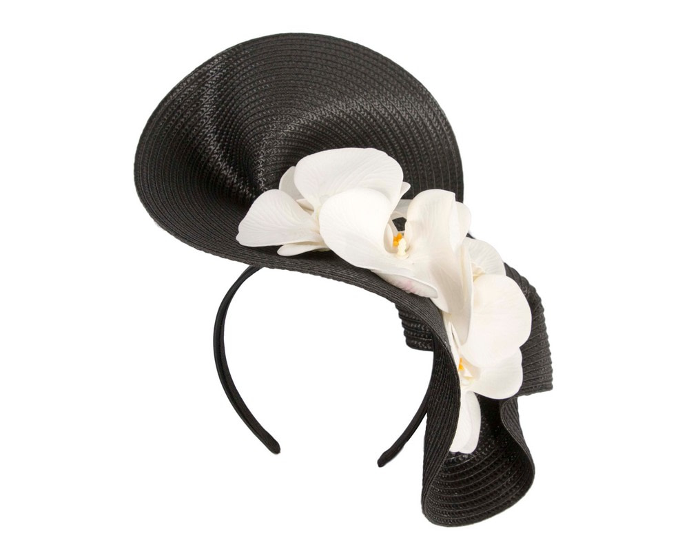 Large black fascinator with white orchid flowers by Fillies Collection - Fascinators.com.au Large black fascinator with white orchid flowers by Fillies Collection - Image 2