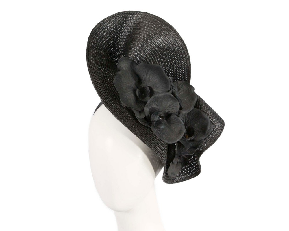Large black fascinator with orchid flowers by Fillies Collection