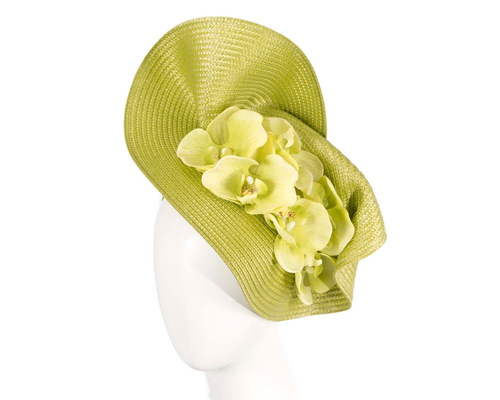 Large lime fascinator with orchid flowers by Fillies Collection