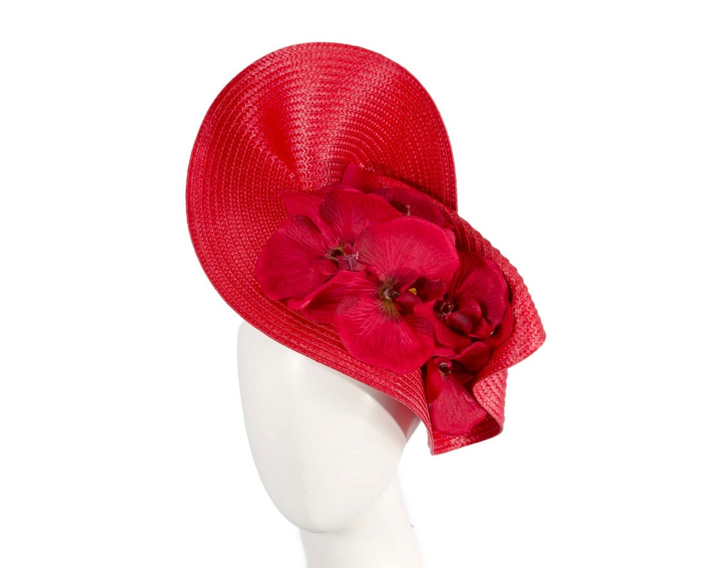 Large red fascinator with orchid flowers by Fillies Collection