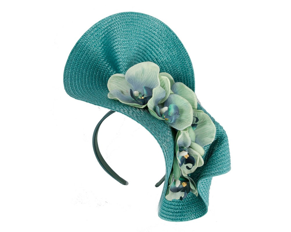 Large teal fascinator with orchid flowers by Fillies Collection - Image 2
