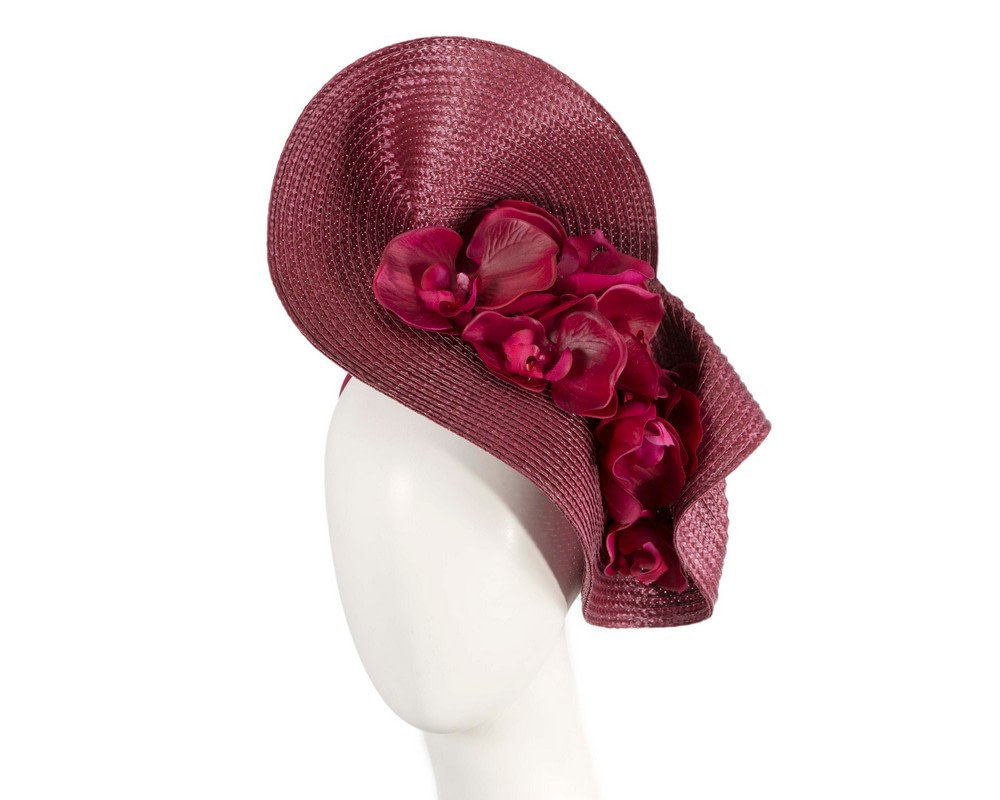 Large burgundy fascinator with orchid flowers by Fillies Collection