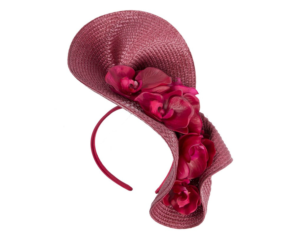 Large burgundy fascinator with orchid flowers by Fillies Collection - Fascinators.com.au Large burgundy fascinator with orchid flowers by Fillies Collection - Image 2