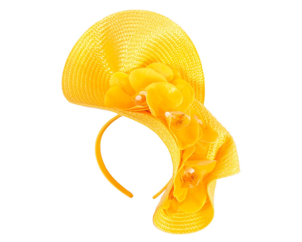 Large yellow fascinator with orchid flowers by Fillies Collection - Image 2