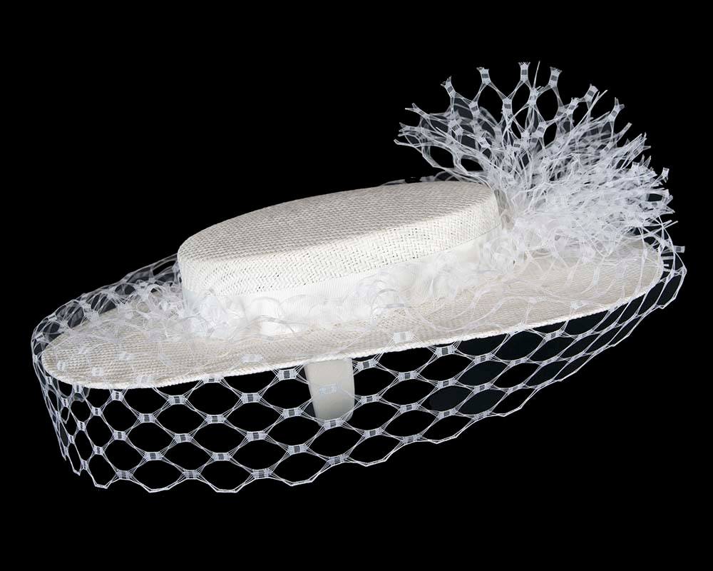 Elegant White Boater Hat with face veil by Fillies Collection - Image 3