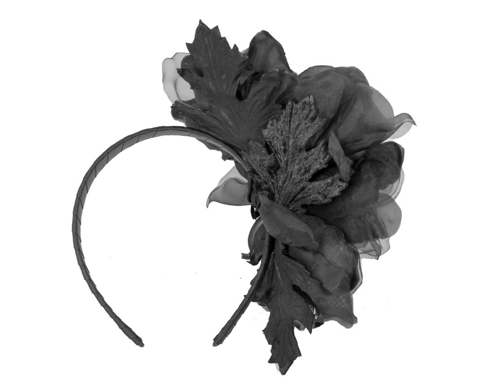Large black flower headband fascinator by Fillies Collection - Fascinators.com.au Large black flower headband fascinator by Fillies Collection - Image 4