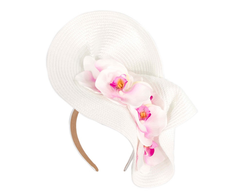 Large white fascinator with pink orchid flowers by Fillies Collection - Image 2