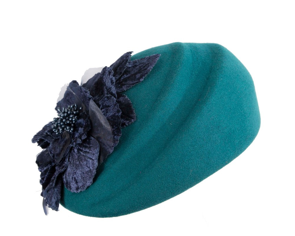Teal Felt Hat with Navy Flower by Fillies Collection - Fascinators.com.au Teal Felt Hat with Navy Flower by Fillies Collection - Image 2