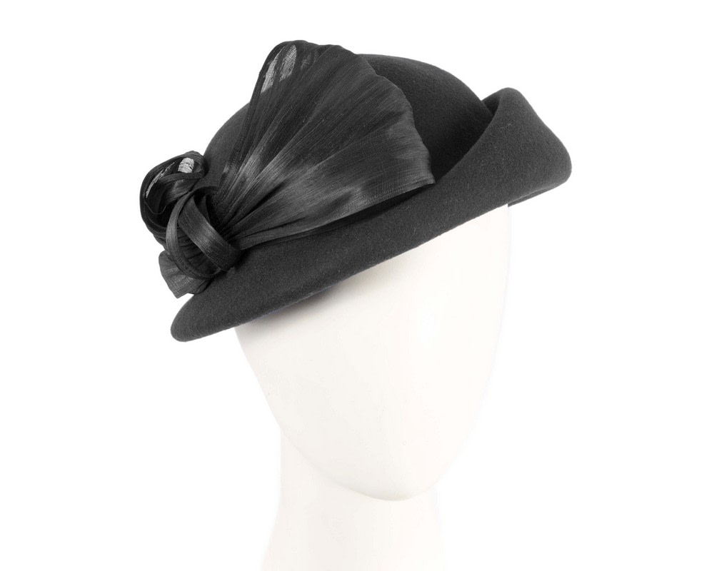 Black Felt Hat with Silk Abaca Trim by Fillies Collection