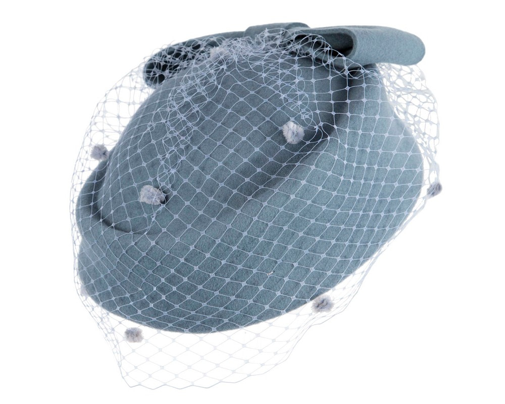 Light Blue winter felt beret hat with face veil - Image 2