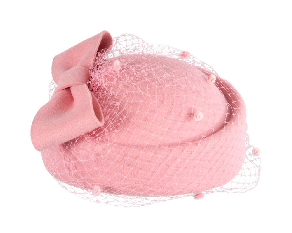Pink winter felt beret hat with face veil - Image 4