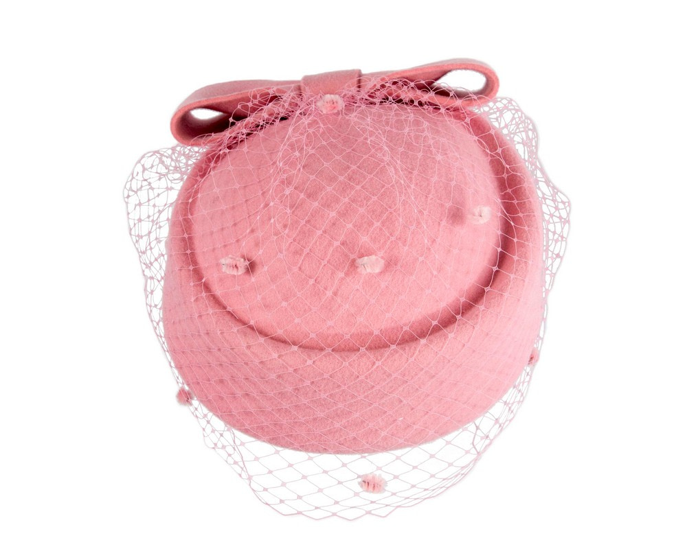 Pink winter felt beret hat with face veil - Image 3