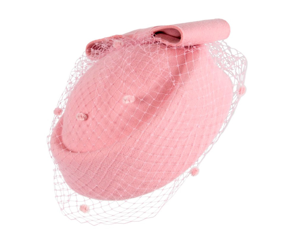 Pink winter felt beret hat with face veil - Image 2
