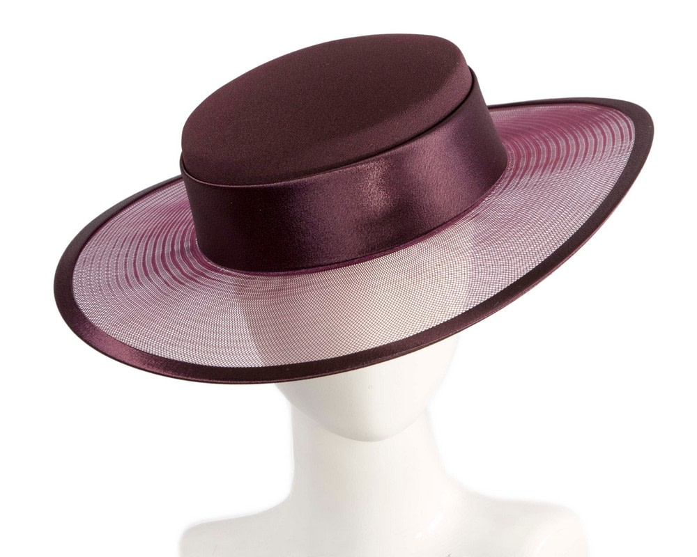 Custom made wine-colored boater hat by Cupids Millinery
