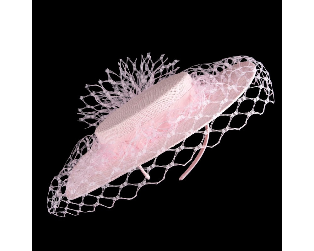 Elegant Pink Boater Hat with face veil by Fillies Collection - Image 2