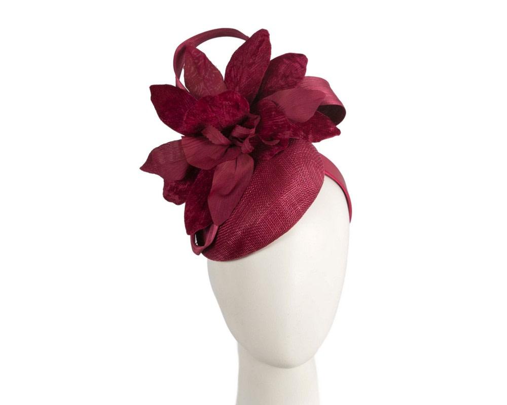 Bespoke burgundy pillbox racing fascinator with flower by Fillies Collection