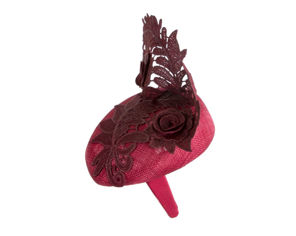 Wine-colored Pillbox Fascinator with Stunning Lace Design - Image 3