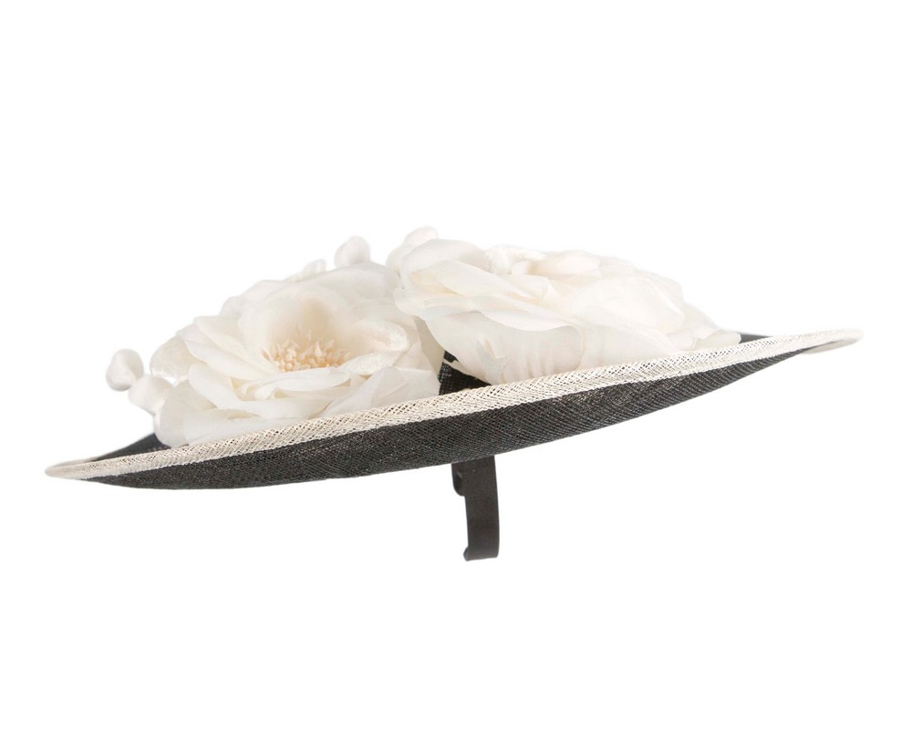 Large black & cream sinamay hat with flowers by Max Alexander - Image 4