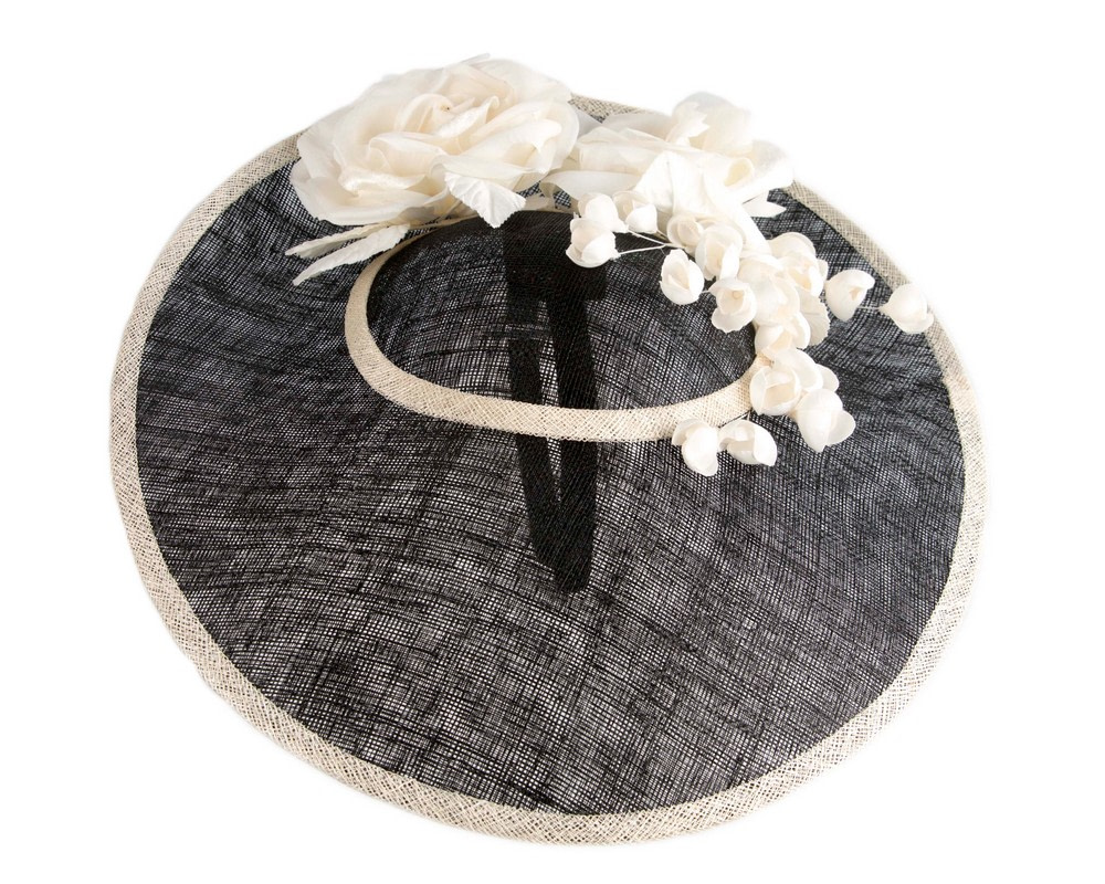 Large black & cream sinamay hat with flowers by Max Alexander - Image 3