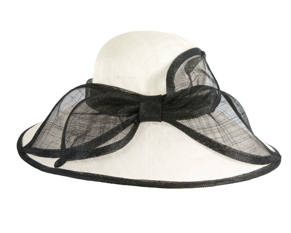 Wide brim Cream & Black sinamay hat with bow - Image 4