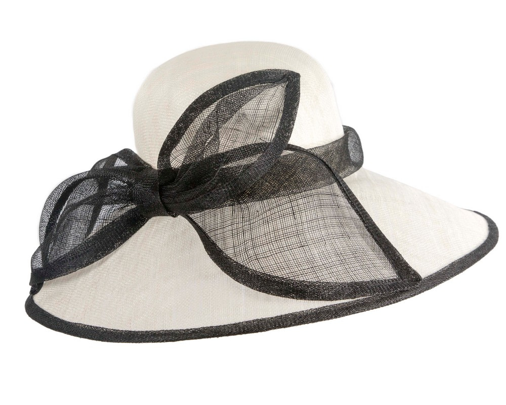 Wide brim Cream & Black sinamay hat with bow - Image 2