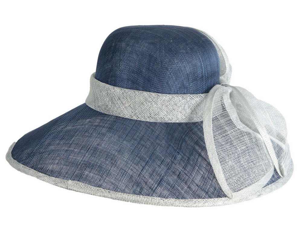 Wide brim Navy & Blue sinamay hat with bow - Image 6