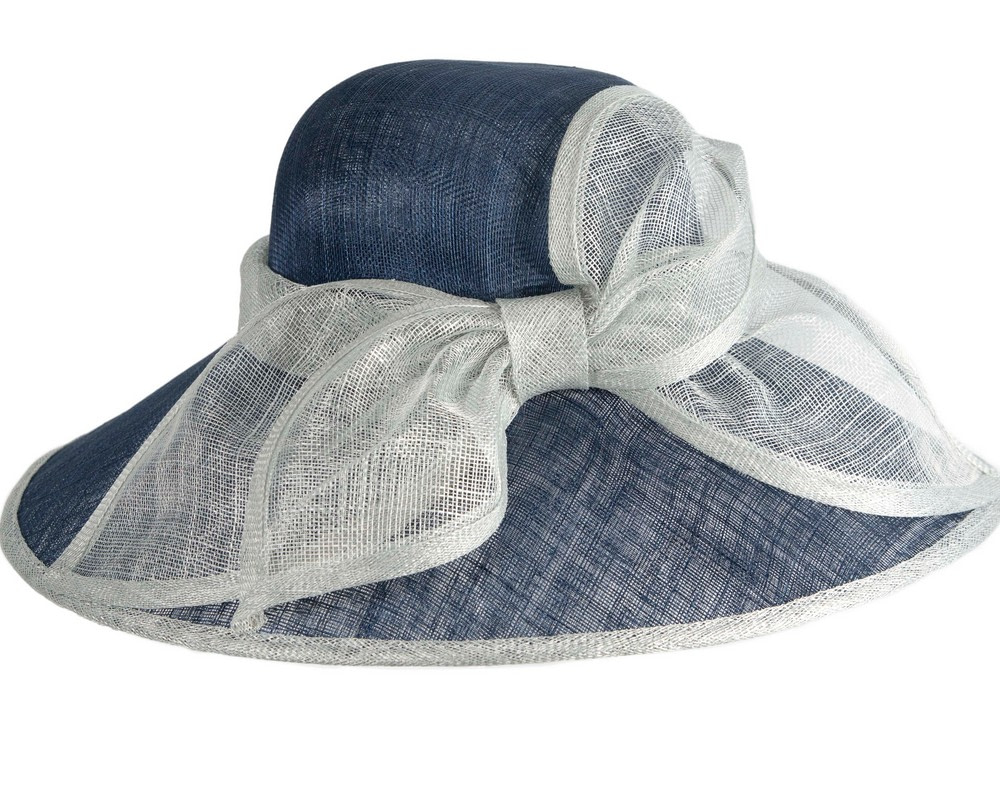 Wide brim Navy & Blue sinamay hat with bow - Image 4
