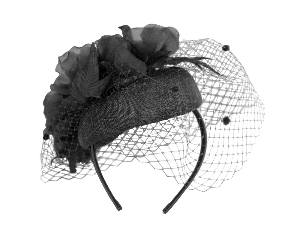 Black pillbox fascinator with flowers & veil - Image 4