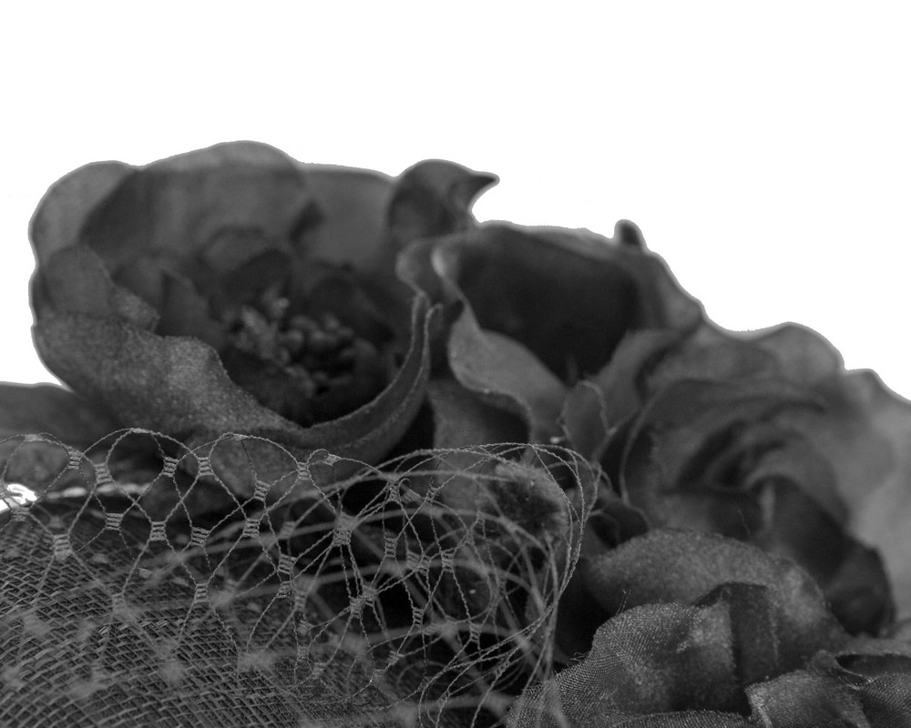 Black pillbox fascinator with flowers & veil - Image 3
