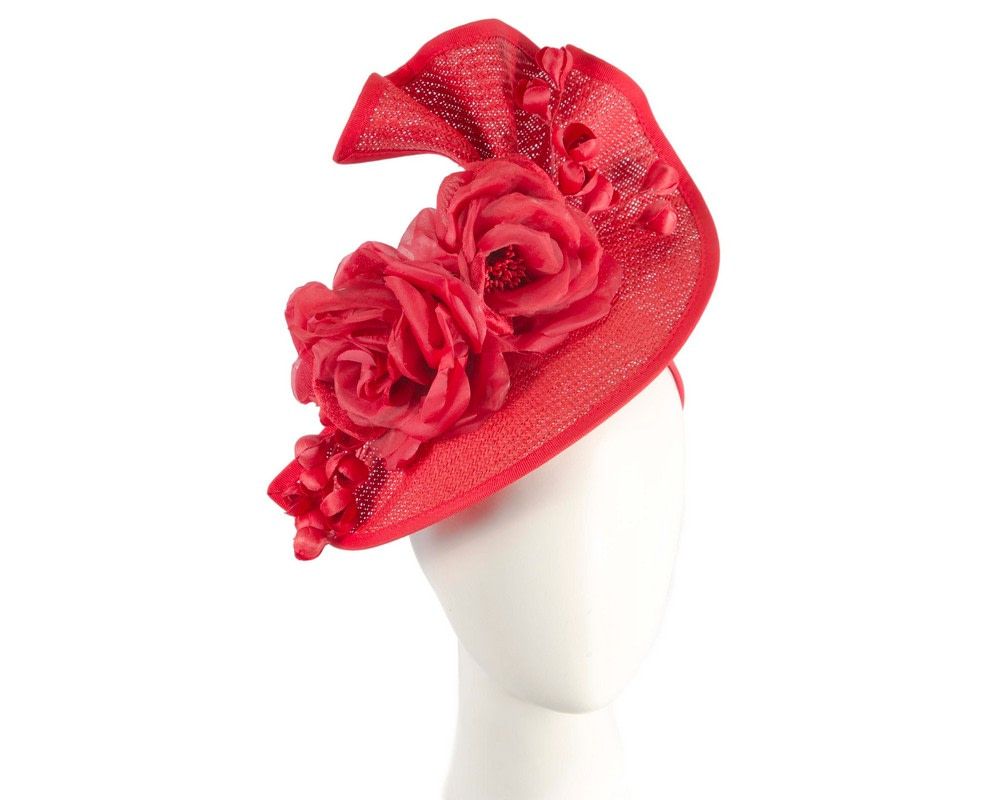 Tall red fascinator with flower by Fillies Collection