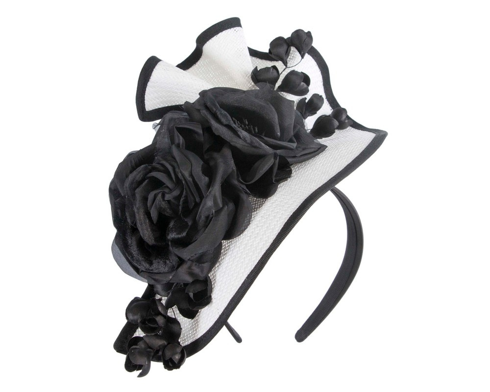 Tall white & black fascinator with flower by Fillies Collection - Fascinators.com.au Tall white & black fascinator with flower by Fillies Collection - Image 2