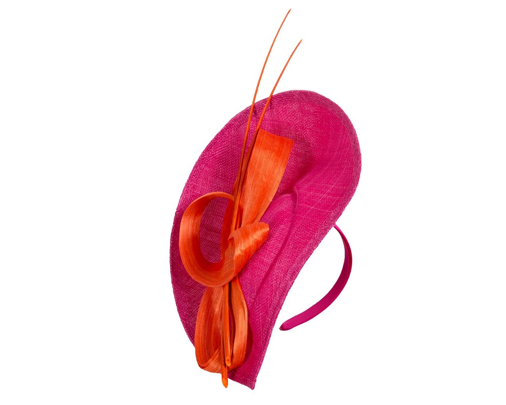 Fuchsia fascinator with orange bow and feathers - Image 2