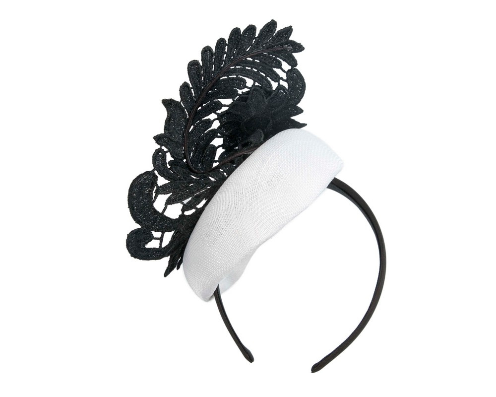 White Pillbox Fascinator with Stunning Black Lace Design - Fascinators.com.au White Pillbox Fascinator with Stunning Black Lace Design - Image 6