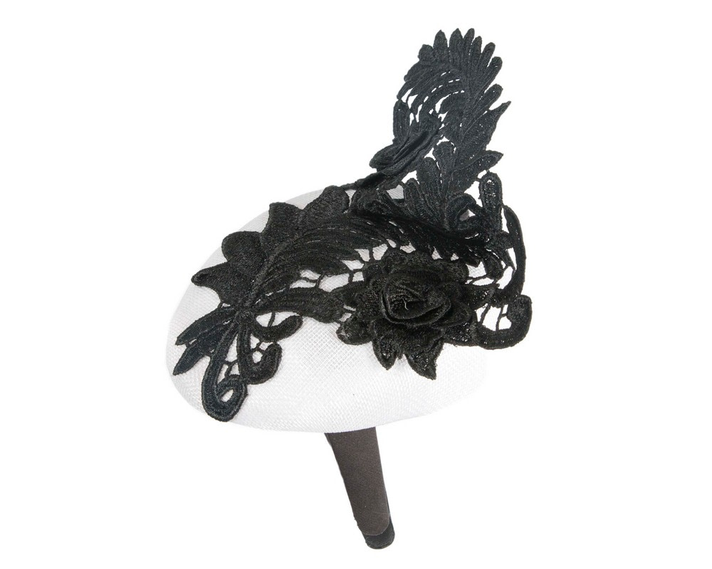 White Pillbox Fascinator with Stunning Black Lace Design - Fascinators.com.au White Pillbox Fascinator with Stunning Black Lace Design - Image 3