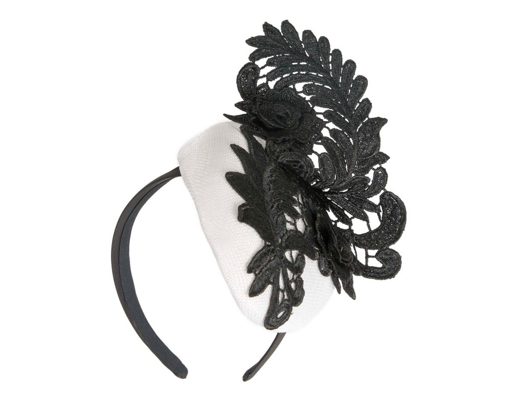 White Pillbox Fascinator with Stunning Black Lace Design - Fascinators.com.au White Pillbox Fascinator with Stunning Black Lace Design - Image 2