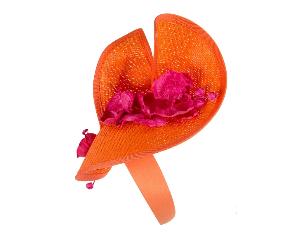 Orange & Fuchsia designers racing fascinator with orchids by Fillies Collection - Image 4