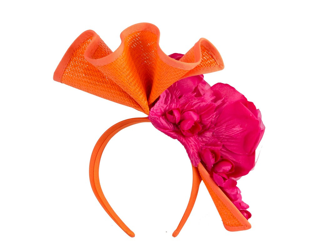 Tall orange & fuchsia fascinator with flower by Fillies Collection - Image 4