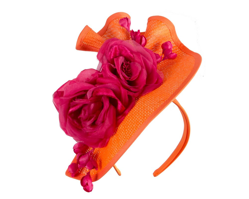 Tall orange & fuchsia fascinator with flower by Fillies Collection - Image 2