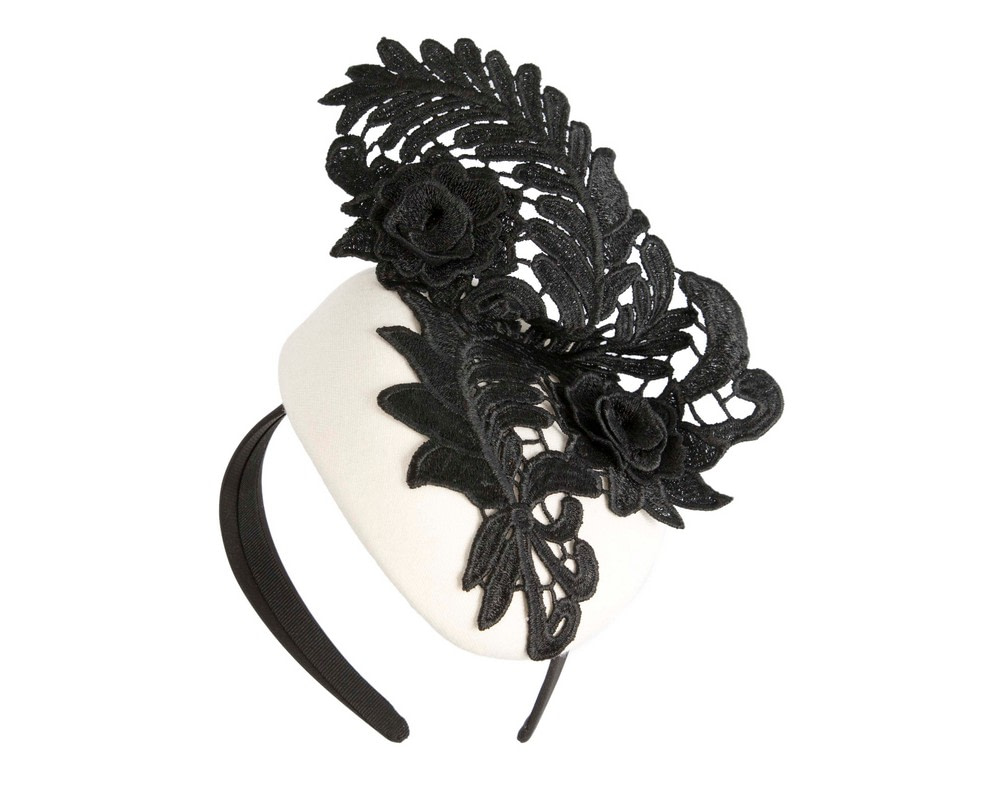 Cream & Black Pillbox Fascinator with Stunning Lace Design - Fascinators.com.au Cream & Black Pillbox Fascinator with Stunning Lace Design - Image 2