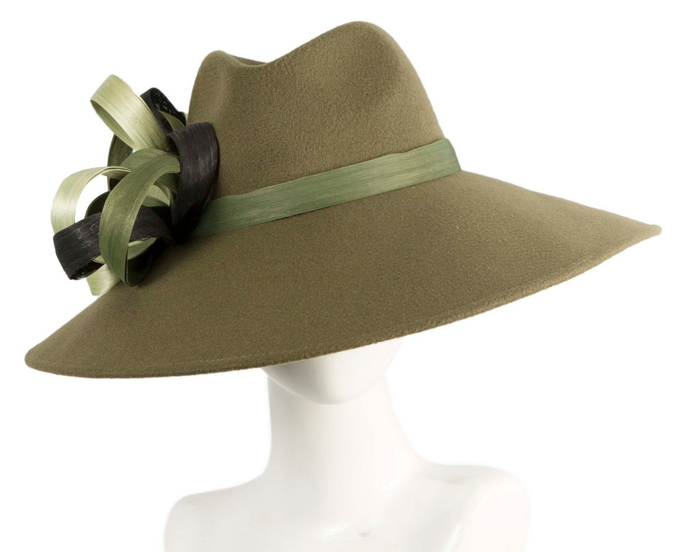 Wide Brim Olive Green Ladies Winter Hat by Fillies Collection - Fascinators.com.au Wide Brim Olive Green Ladies Winter Hat by Fillies Collection