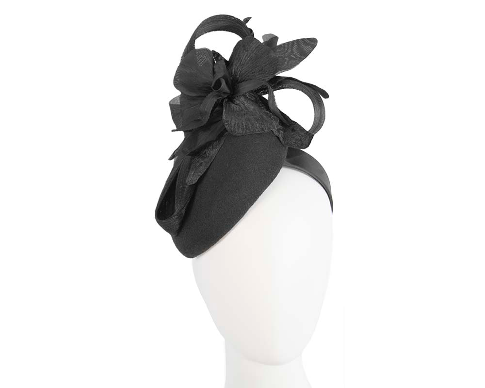 Bespoke black pillbox winter fascinator with flower by Fillies Collection