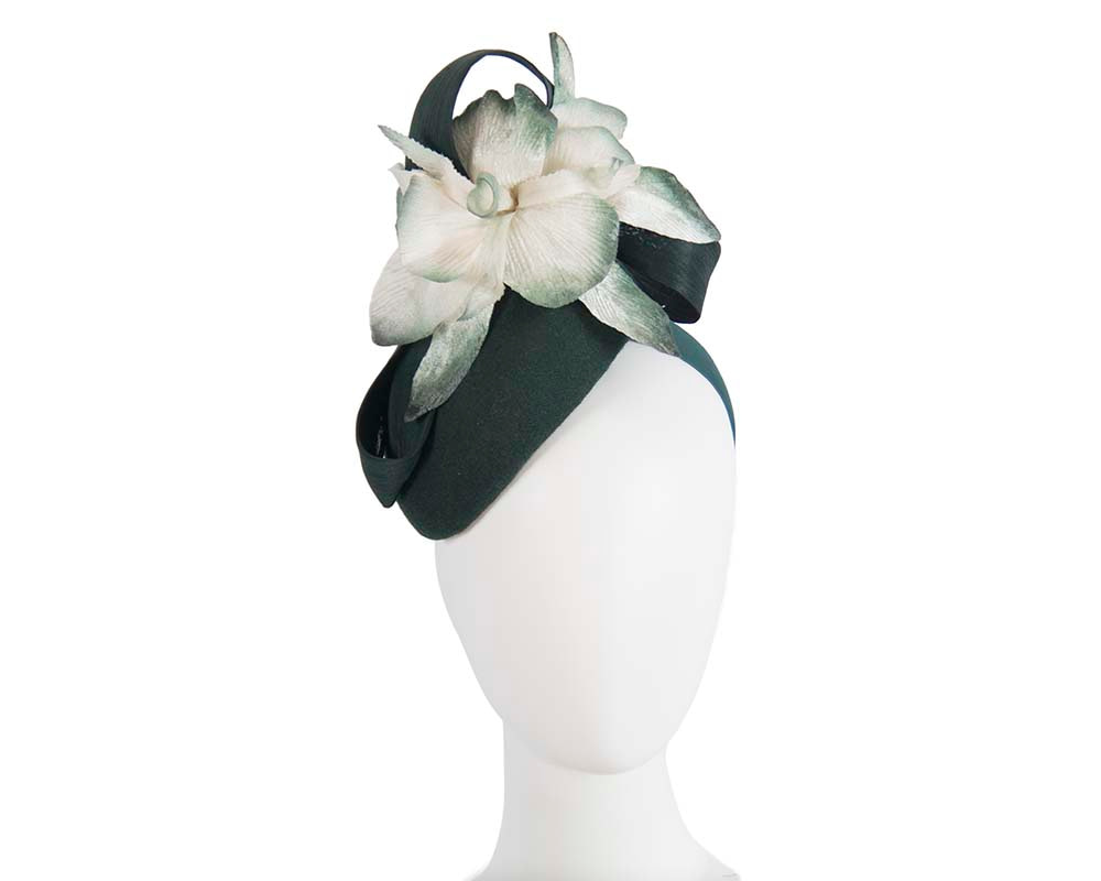 Bespoke green pillbox winter fascinator with cream flower by Fillies Collection