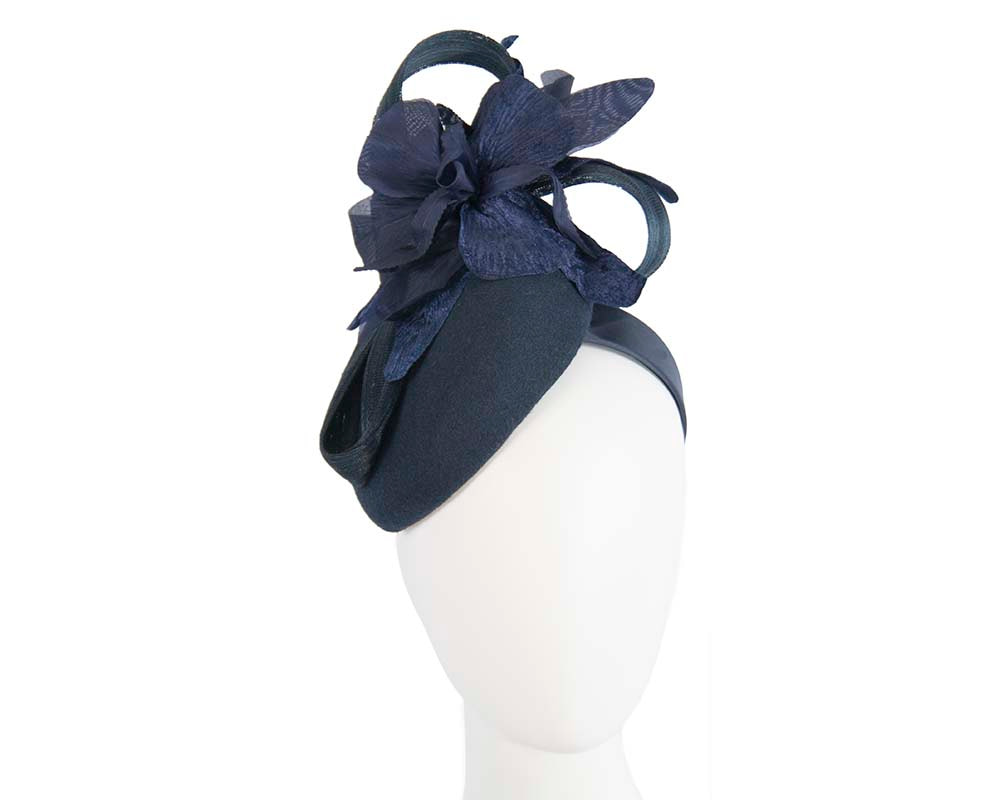 Bespoke navy pillbox winter fascinator with flower by Fillies Collection