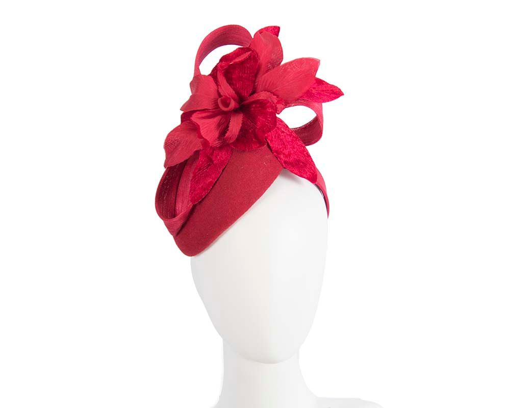 Bespoke red pillbox winter fascinator with flower by Fillies Collection