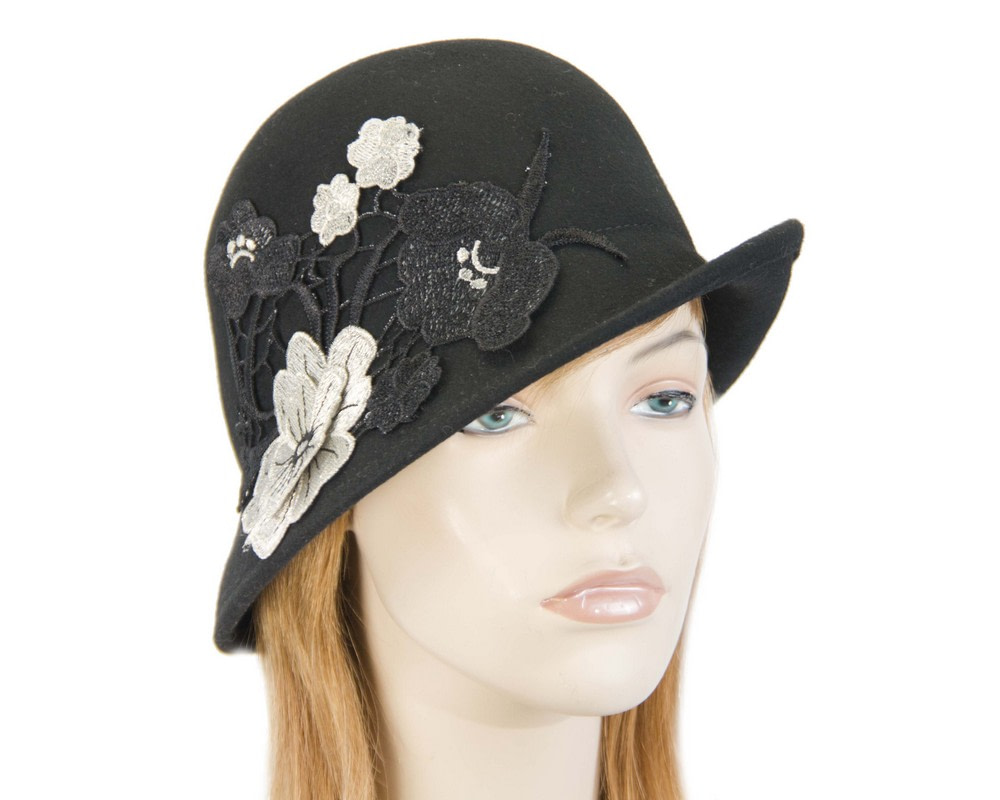 Black felt bucket cloche hat with lace